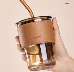 GORGOUS slub glass smoothie cup with straw and leather cover