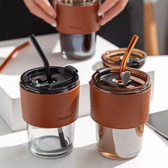 GORGOUS slub glass smoothie cup with straw and leather cover