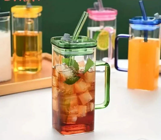 Square Glass Cup With Bamboo Lid and Straw