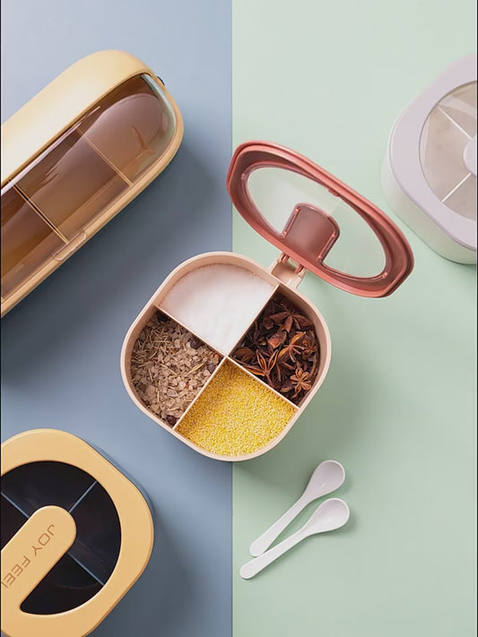 4 In 1 Partition Kitchen Seasoning Box Masala Box Set 4 Grid Portion Spice Jar Container